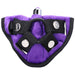 Purple velvet adjustable strap-on harness with black nylon straps and metal snap buttons, featuring a built-in pocket and O-ring.