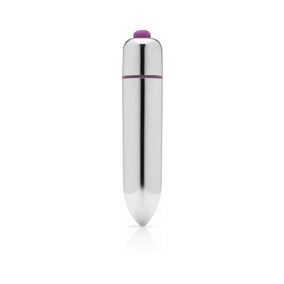 Silver bullet vibrator with a purple button on top, sleek and compact design on a white background.