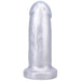 Short, stout harness-compatible dildo in pearlescent azure silicone with a smooth, realistic shape and flared base.