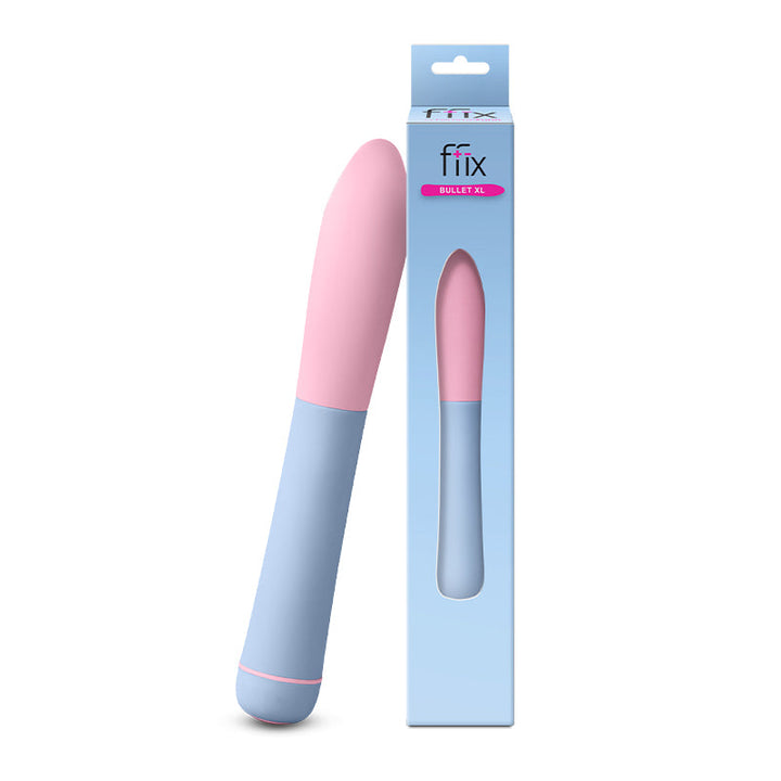 Pink and blue Femme Funn Ffix Bullet XL with packaging box on a white background.