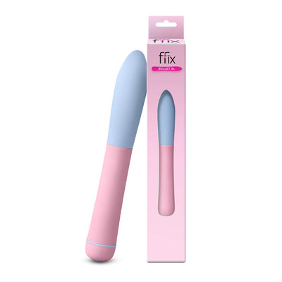 Light blue and pink Femme Funn Ffix Bullet XL with packaging, sleek battery-operated personal massager.