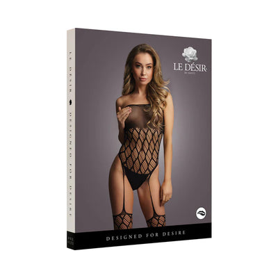 Packaging of Shots Le Desir strapless crotchless teddy with attached stockings in black striped design on model.