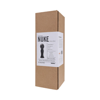 Tantus Nuke XL silicone toy packaging box with product label showing size and features in Byron Black color.