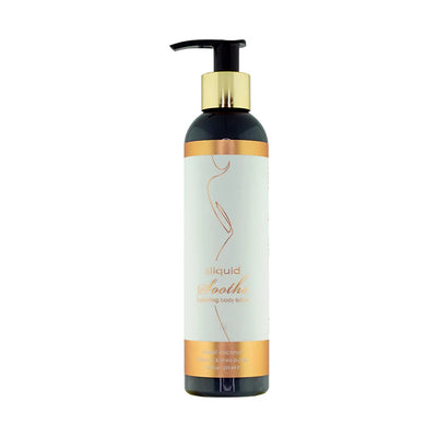 Bottle of Sliquid Balance Soothe Sweet Coconut moisturizing body lotion with pump dispenser and gold accents.