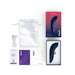 We-Vibe Melt clitoral stimulator in navy with packaging, USB charging cable, satin storage pouch, lubricant sample, and user guides.