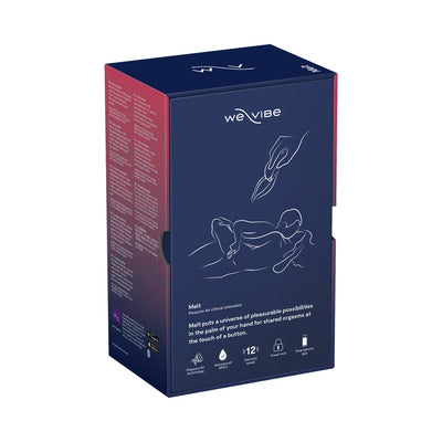 We-Vibe Melt clitoral stimulator packaging in navy and pink with product features and minimalist couple illustration.