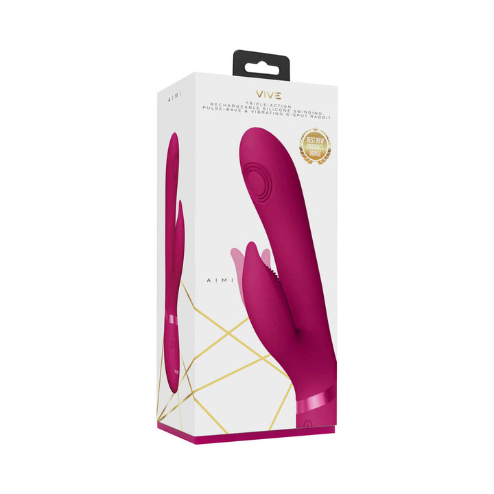 Packaging box of the Vive Aimi rechargeable triple-motor swinging silicone rabbit vibrator in pink.