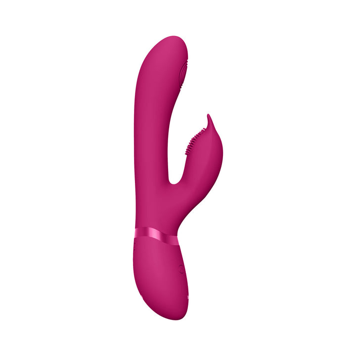 Pink silicone rechargeable triple-motor rabbit vibrator with curved shaft and textured clitoral stimulator.