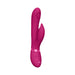 Pink rechargeable silicone rabbit vibrator with triple motors and multiple control buttons on the handle.