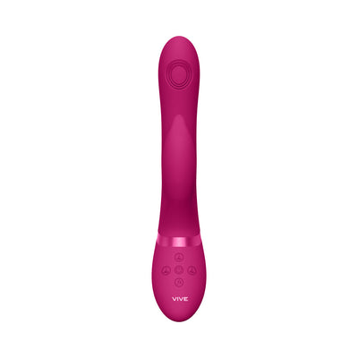 Pink rechargeable silicone vibrator with triple motors and multiple control buttons on the handle by Vive.