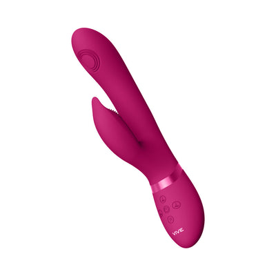 Pink rechargeable silicone rabbit vibrator with triple motors and ergonomic controls by Vive