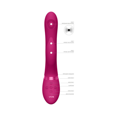 Pink Vive Aimi triple-motor silicone vibrator with labeled controls and motor functions for targeted stimulation.