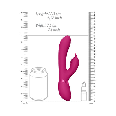 Pink triple-motor silicone rabbit vibrator shown with size comparison to soda can and lipstick, with measurement rulers.
