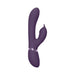 Purple rechargeable silicone dual-stimulation vibrator with curved shaft and textured clitoral stimulator.