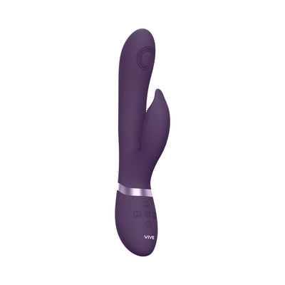 Purple rechargeable silicone dual-stimulation vibrator with ergonomic design and control buttons on the handle.