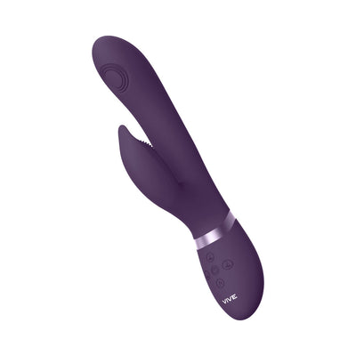 Purple rechargeable silicone rabbit vibrator with triple motors and control buttons on the handle.