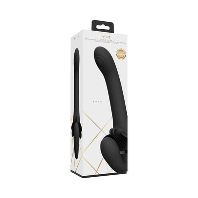 Packaging box of Vive Satu rechargeable triple-motor silicone strapless strap-on in black with gold accents.