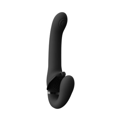 Black silicone strapless strap-on with curved design and textured stimulation areas, rechargeable and waterproof.