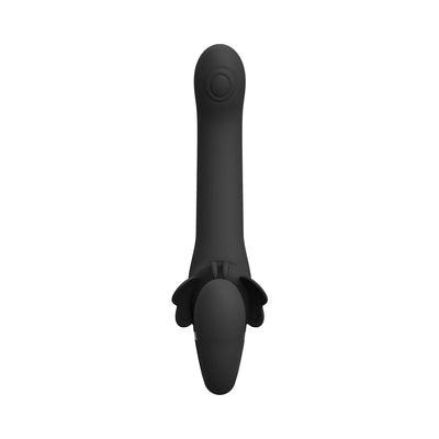 Black silicone strapless strap-on with triple motors and textured tip, designed for dual stimulation and hands-free use.