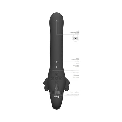 Black Vive Satu strapless strap-on with labeled buttons and motor locations, showing pulse-wave and vibrating stimulators.