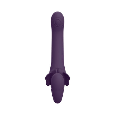 Purple silicone strapless strap-on with a smooth shaft and textured clitoral stimulator wings.