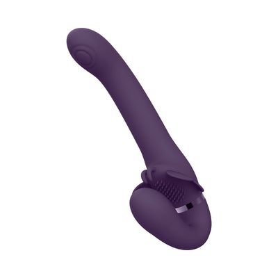 Purple silicone strapless strap-on with curved design and textured stimulation areas, rechargeable and waterproof.