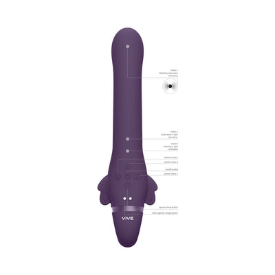 Purple Vive Satu strapless strap-on with labeled buttons and motor locations, showing pulse-wave and vibrating stimulators.