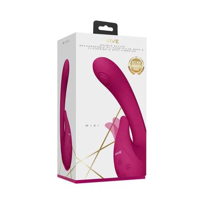 Packaging box of Vive Miki rechargeable double-action silicone vibrator in deep pink color with product image and branding.