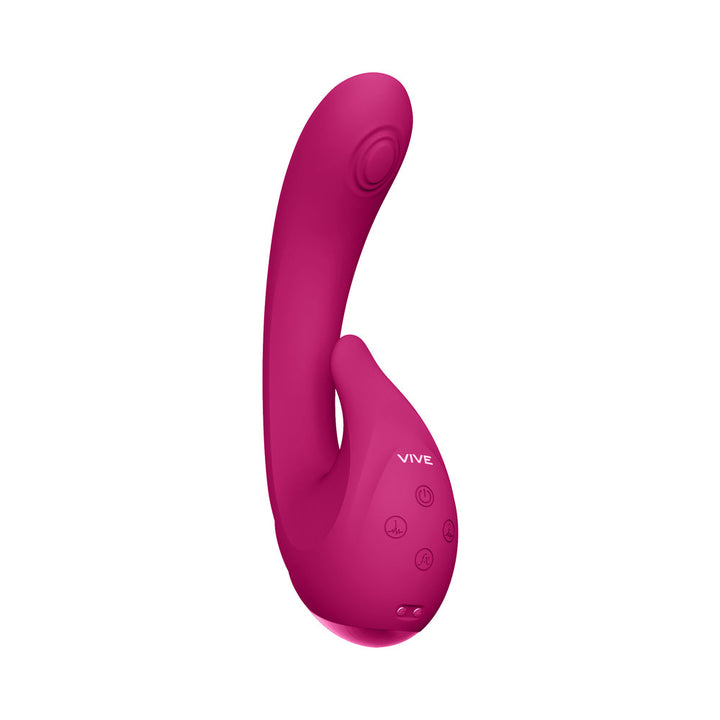 Magenta Vive Miki rechargeable silicone vibrator with curved design and control buttons on the base.