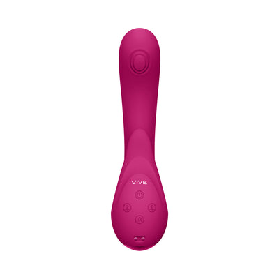 Magenta Vive Miki rechargeable silicone vibrator with ergonomic shape and control buttons on handle.