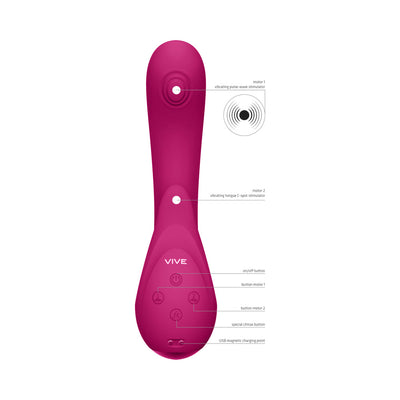 Vive Miki rechargeable silicone vibrator with labeled buttons and dual motor stimulation points in deep pink color.
