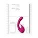 Compact magenta silicone vibrator with curved design, shown next to a soda can and lipstick for size comparison.