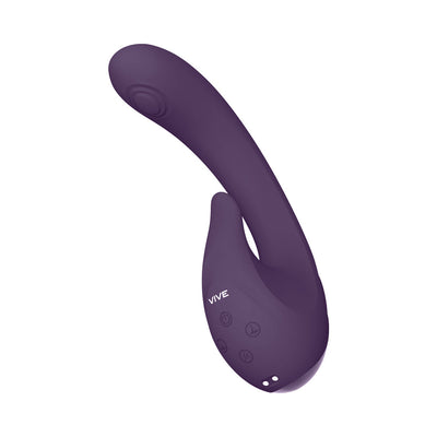 Purple rechargeable silicone vibrator with curved design and multiple control buttons by Vive