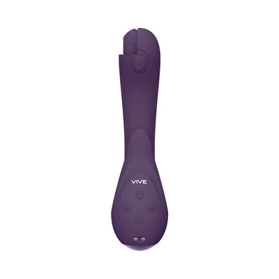 Purple Vive Miki rechargeable silicone vibrator with control buttons and ergonomic design on white background.