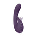 Purple rechargeable silicone vibrator with curved design and flexible external stimulator, featuring control buttons and VIVE branding.