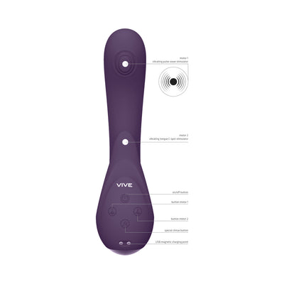 Purple Vive Miki rechargeable silicone vibrator with labeled buttons and dual motor stimulation points.