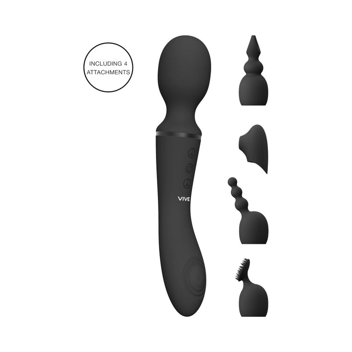 Black rechargeable silicone massage wand with four interchangeable textured attachments displayed alongside.