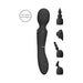 Black rechargeable silicone massage wand with four interchangeable textured attachments displayed alongside.