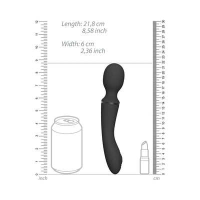 Black silicone curved massage wand with rounded head shown with size comparison to soda can and lipstick.