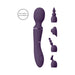Purple rechargeable dual-ended silicone massage wand with four interchangeable attachments displayed beside it.