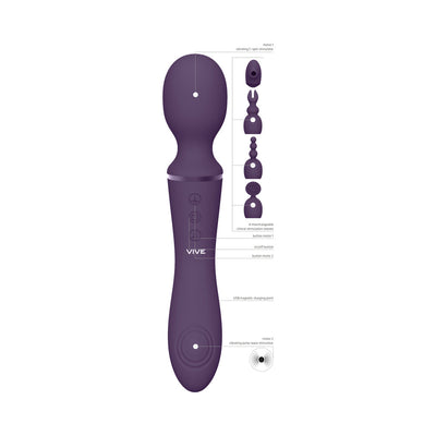Purple dual-ended rechargeable silicone wand with labeled buttons, two motors, and four interchangeable clitoral stimulation sleeves.