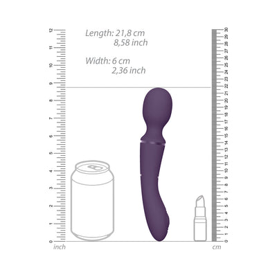 Purple rechargeable silicone massage wand with curved head, shown with size comparison to a soda can and lipstick.