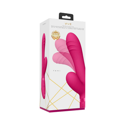 Packaging box of Vive Tani rechargeable triple-motor silicone finger motion vibrator in pink.