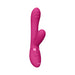 Pink silicone dual-stimulation vibrator with curved shaft, textured ridges, and control buttons on the handle.