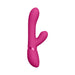 Pink dual-stimulation silicone vibrator with curved shaft and textured clitoral arm, featuring ergonomic handle and control buttons.