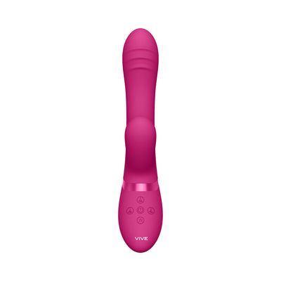 Pink Vive Tani triple-motor rechargeable silicone vibrator with textured shaft and control buttons.