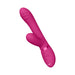 Pink triple-motor silicone vibrator with textured shaft, curved tip, and ergonomic control buttons.