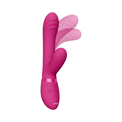 Pink rechargeable silicone vibrator with triple motors and flexible motion feature shown on white background.