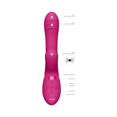 Pink Vive Tani triple-motor silicone vibrator with labeled buttons and motor functions for targeted stimulation.