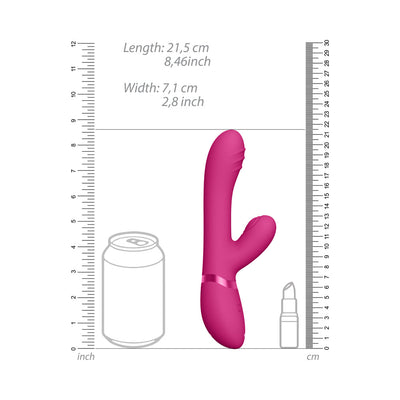 Pink triple-motor silicone vibrator with curved design shown next to a soda can and lipstick for size comparison.